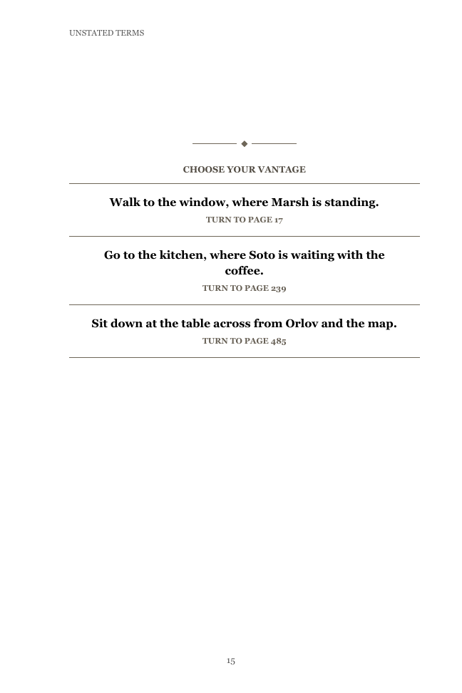 A Choose Your Vantage decision page from the book, listing three choices and the page to turn to